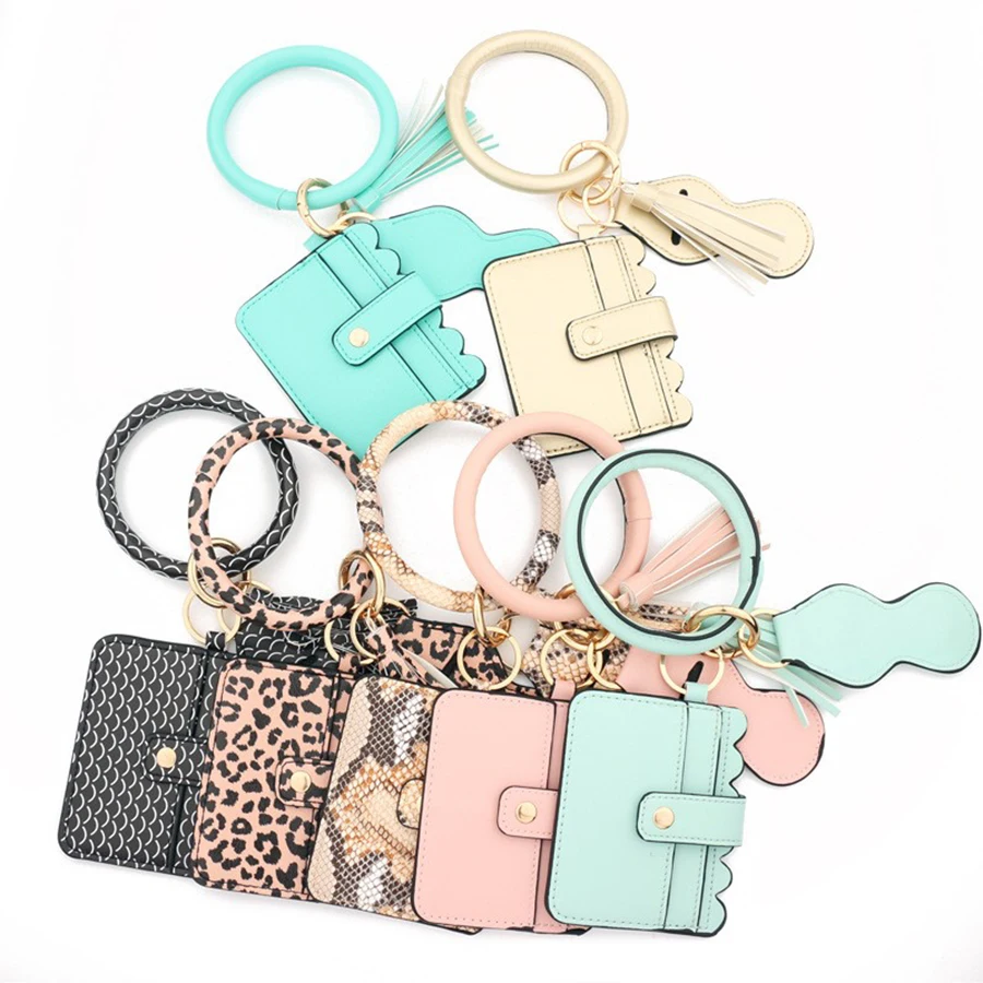 Custom Card Holder Wallet Round Keyring Bangle key chain Leather strap lanyard Bracelet wristlet keychain With Leather Tassel