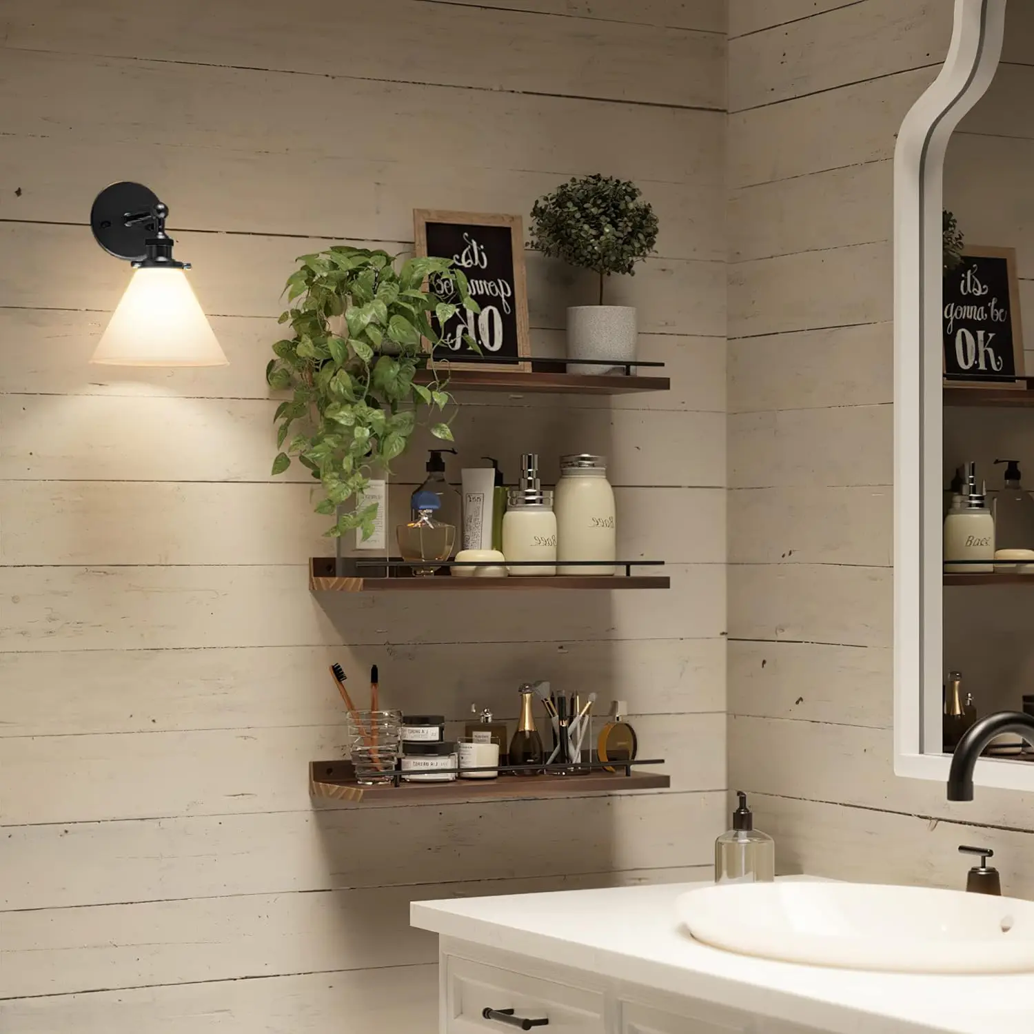 Bedroom Bathroom Kitchen 3 Pack Art- Dark Brown Wood Wall Decor Floating Shelves with Black Metal Guardrail