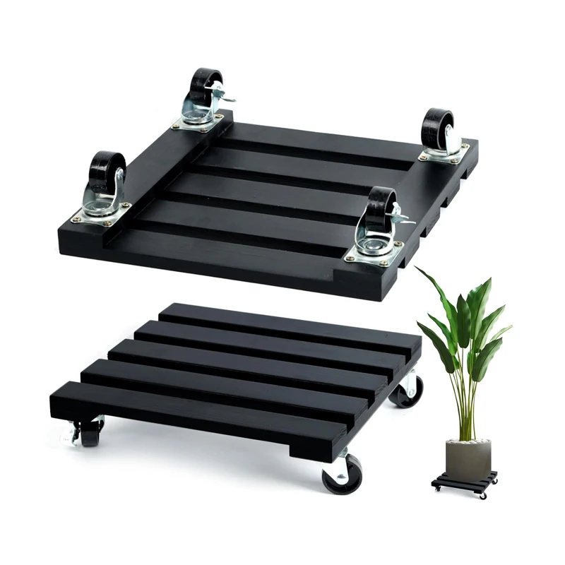 2 Pack Plant Stand with Wheels, Plant Caddy Outdoor Rustic Wood Flower Pot Stand Holder Vintage Wooden Plant Caddy with Wheels