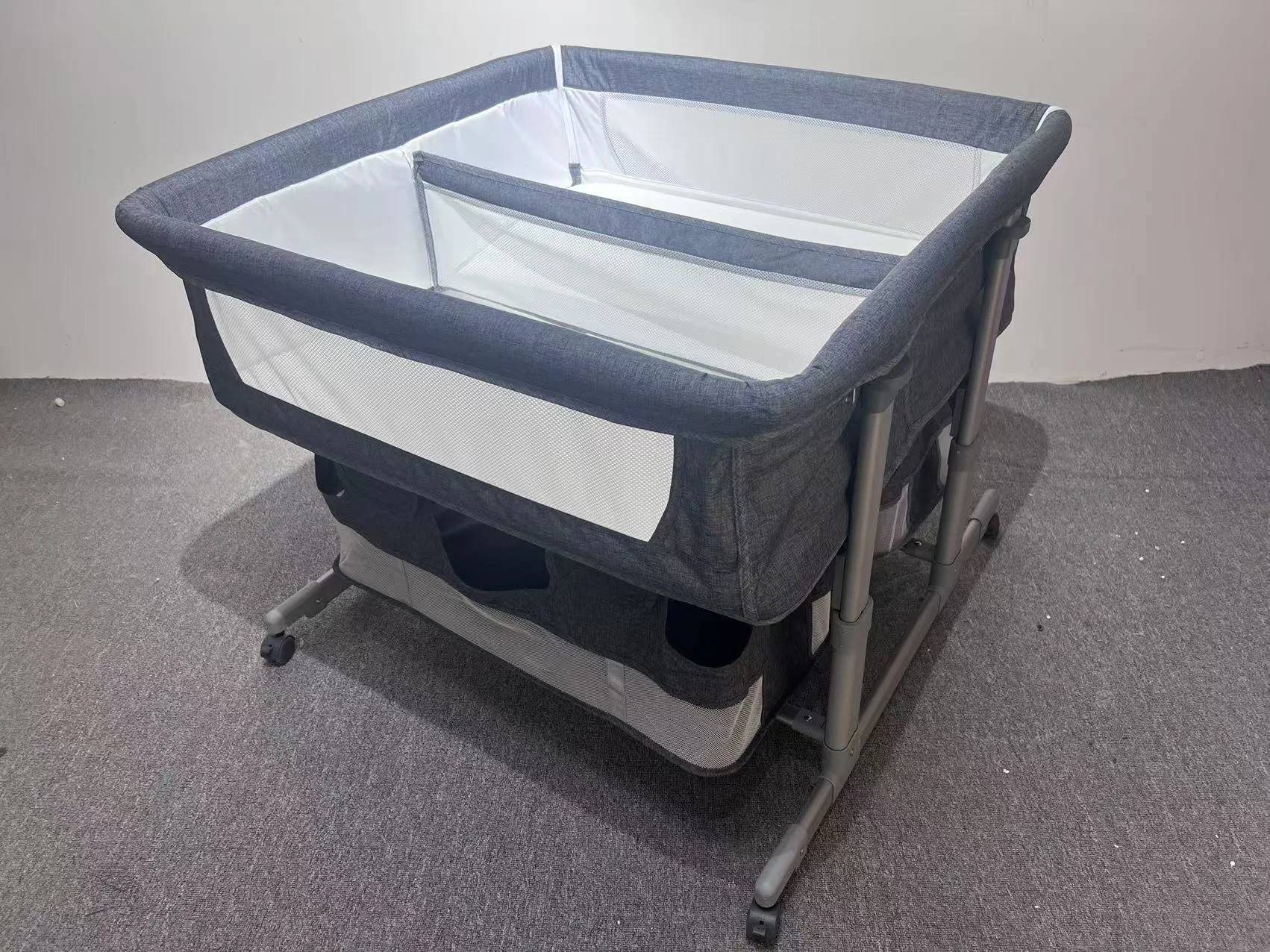 2024 New Model Twin Baby Crib with Height Adjustable and Foldable Bed Double Storage Basket for Bedroom School or Hotel Use