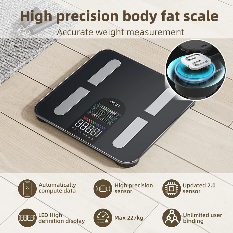 BMI 227KG Digital Bathroom Scales Portable Digital Weighing Scale 4 Electrodes Body Fat Weight Scale With Bluetooth