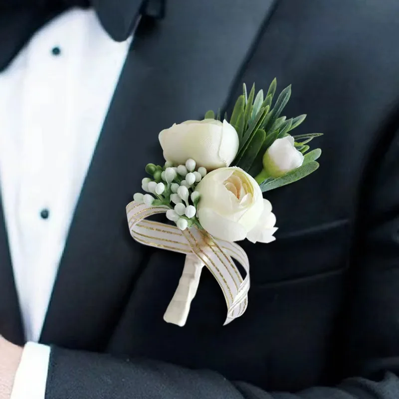 Men Corsage Flower 2 Heads Artificial White Rose Groom Chest Boutonniere For Home Wedding Engagement Decorative Graduation