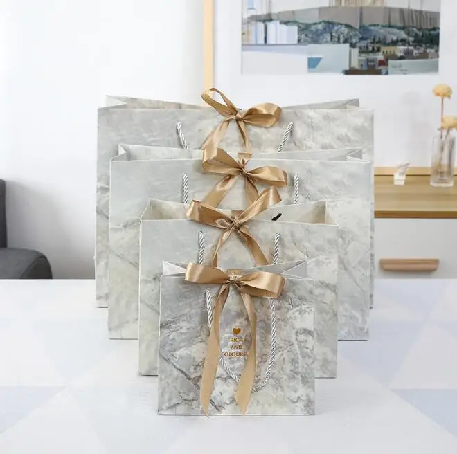 wholesale boutique cheap present paper bag luxury wedding marble gift bags with ribbon