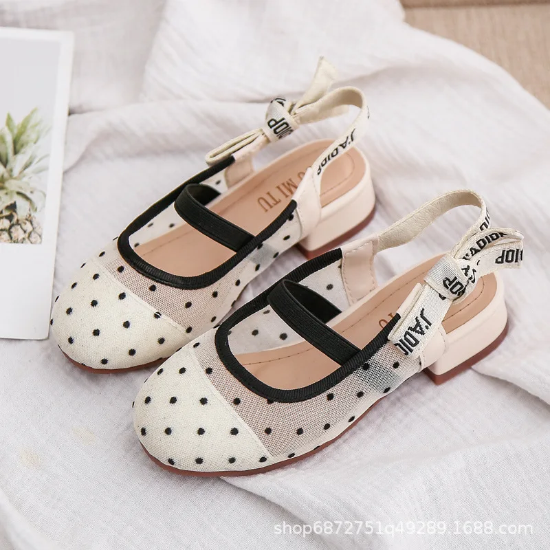 Round Closed Toes Low Heeled Sling Back Shoes Polka Dot Mesh Block Heel Sandals Girl Dress Shoes Soft Bottom Fashion Sandal