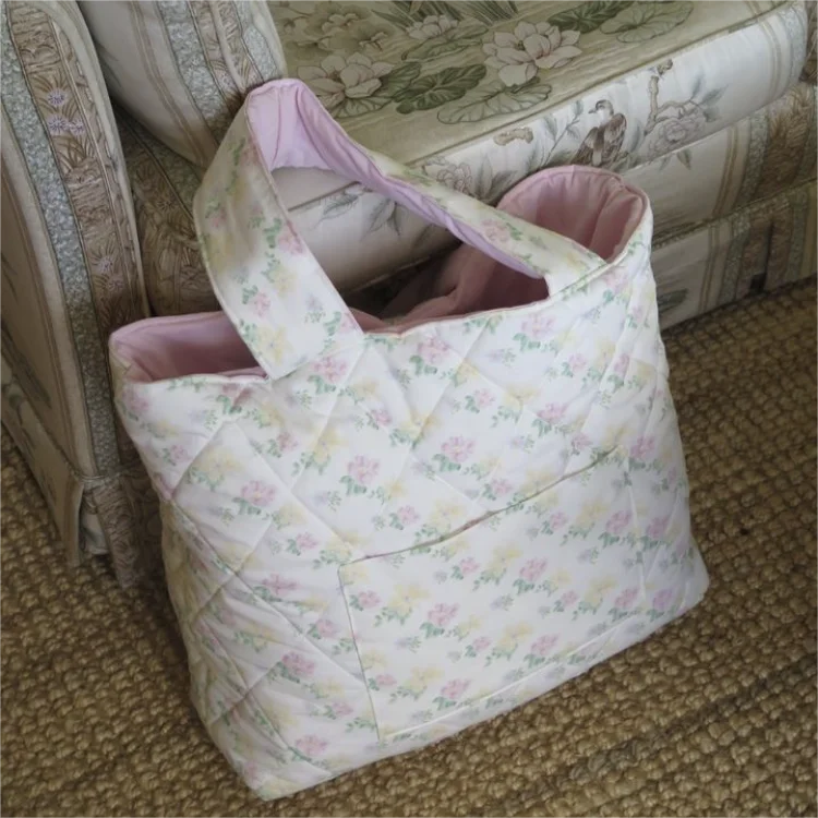100% cotton large sweetly beach bag light pink floral Luggage vintage quilted Cotton tote bag with Outside pocket