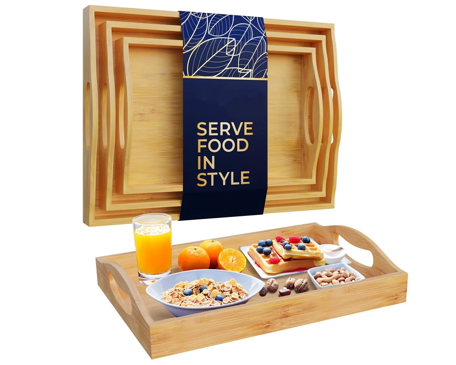 Hot Selling Set of 3 Bamboo Serving Trays - Ottoman Trays Wood Serving Trays for Kitchen and Counter