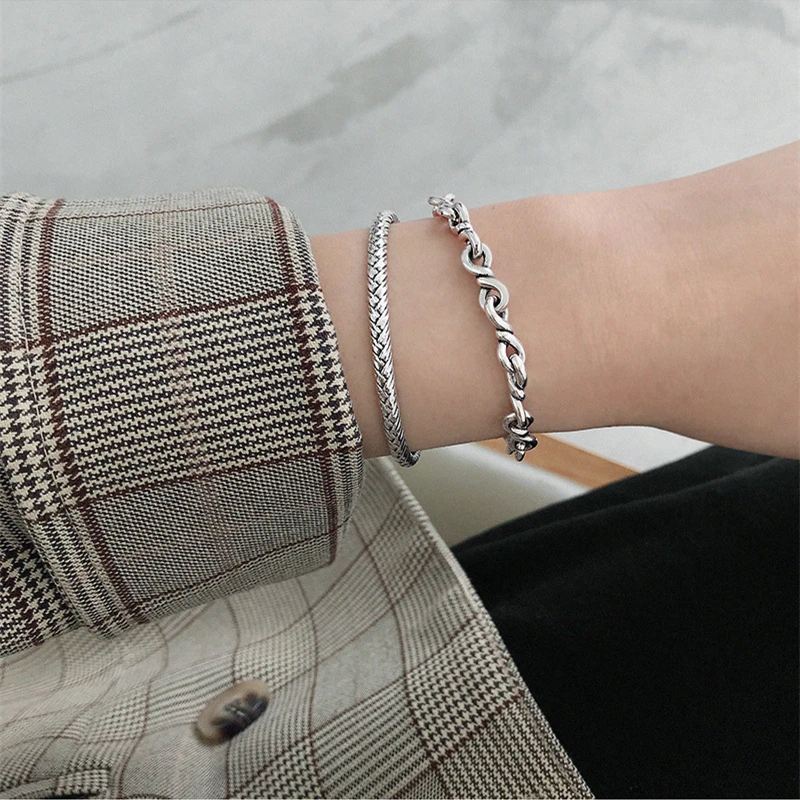 Korean 925 Sterling Silver Jewelry Bracelet Normcore Retro Antique Finish Personality Wild Link Chain