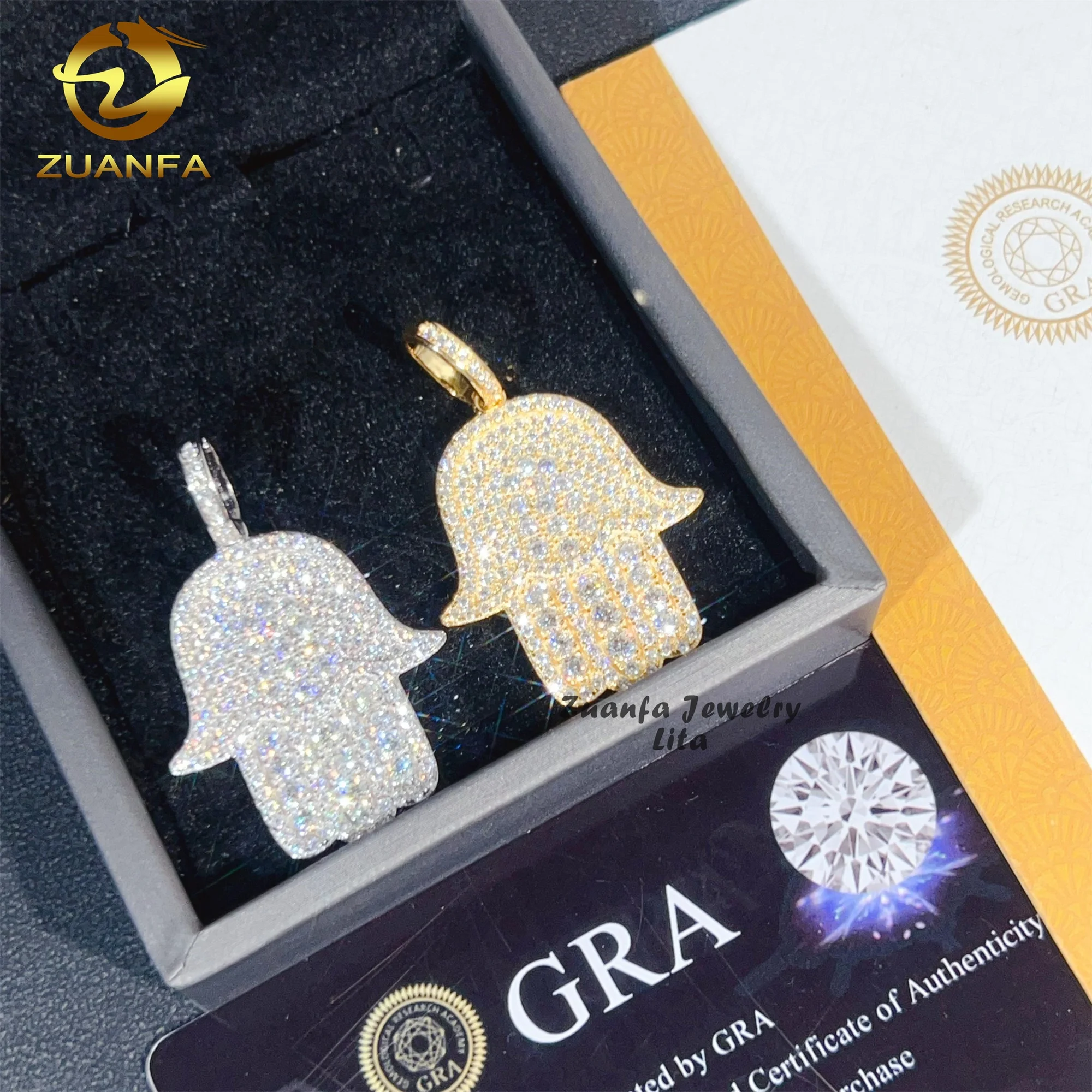 Hip Hop Fashion Rapper Charm 925 Sterling Silver Iced Out Diamond Moissanite Hamsa Hand Pendant