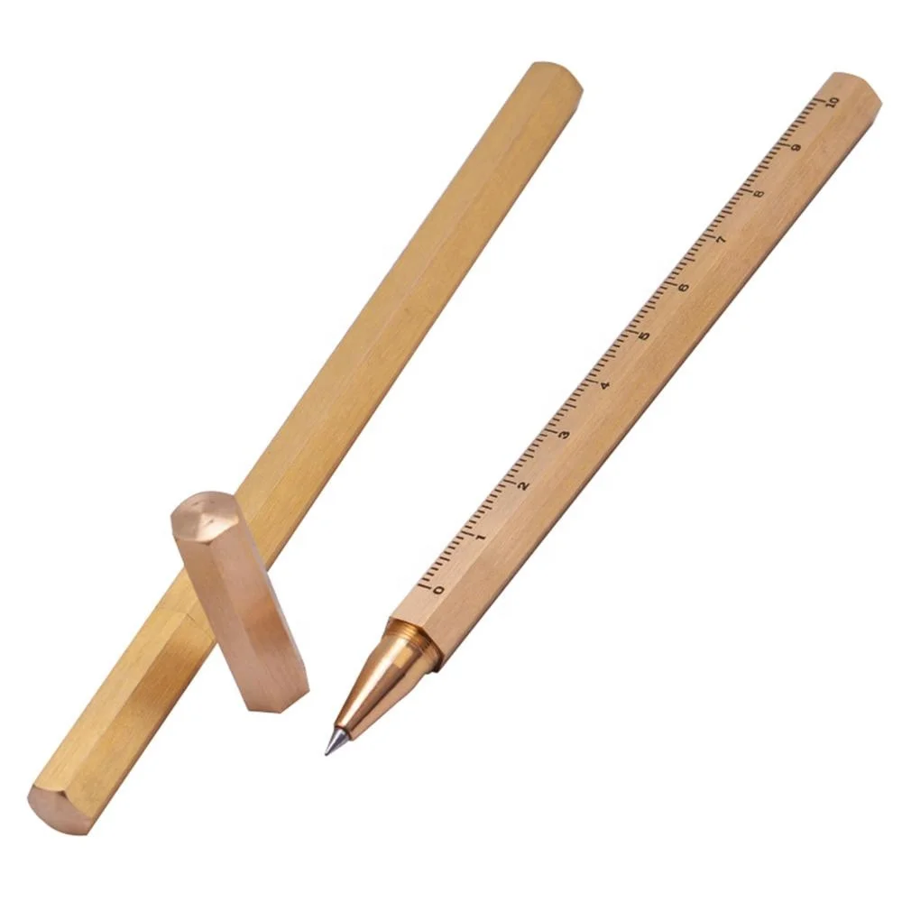 High Quality Brushed Finished Brass Hexagonal Customized Gel Ink Pens With Dividing Rule Engraved
