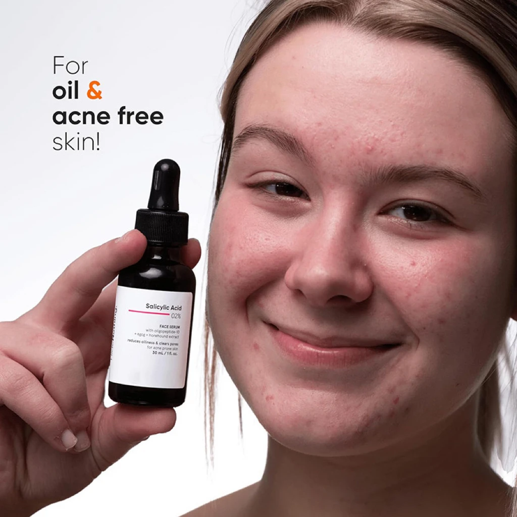 Custom 2% Salicylic Acid Serum Acne Prone Oily Skin Vitamin C Organic Vegan Reduces Excess Oil Bumpy Texture Effective Exfoliant