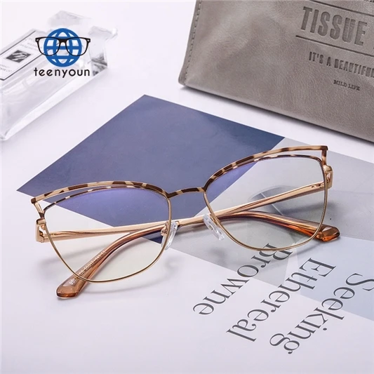 Teenyoun Eyewear Trending Vintage Leopard Metal Frame Lentes De Sol Women Cat Eye Blue Light Blocking Eyeglasses Frames