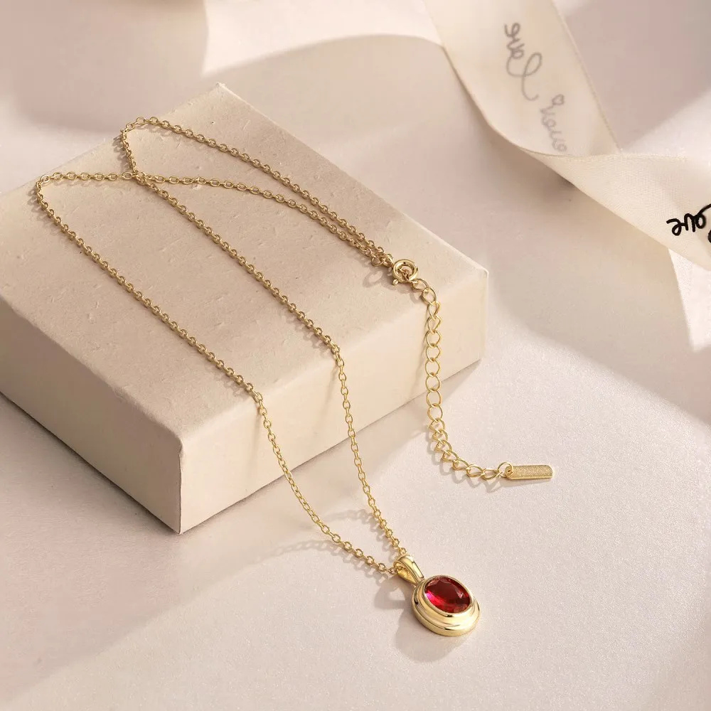 Dylam Best Valentine Days Gift In Stock Fine Jewelry 925 Sterling Silver Red Oval Shape 5A Zirconia Pendant Necklace