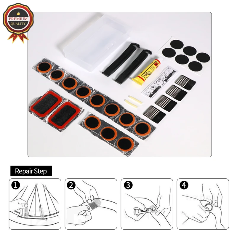 Bicycle Inner Tire Patch Repair Kit with 13 PCS Vulcanizing Patch 6  Glueless Puncture Patchs 4 Metal Scuffer and Storage Box