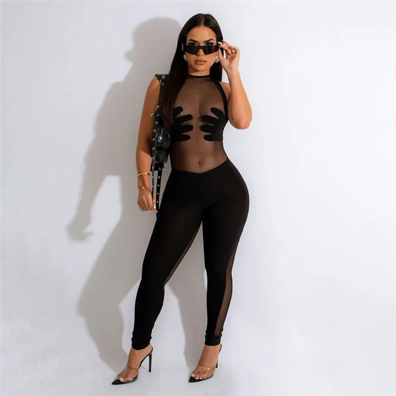 New Trendy Sexy Transparent Mesh Patchwork Women Bodysuit Jumpsuit Summer Sleeveless Slim Club Mesh Jumpsuit