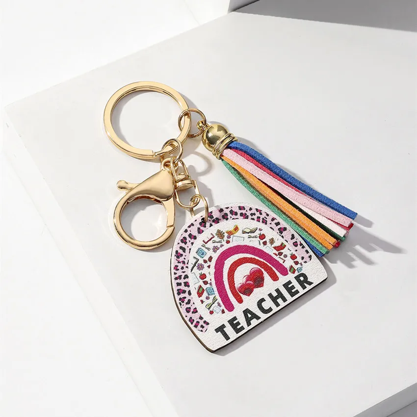 Popular Rainbow Wooden Tag Tassel Keychain Creative Wood Keychains Teacher Keychain For Graduation Season Gifts