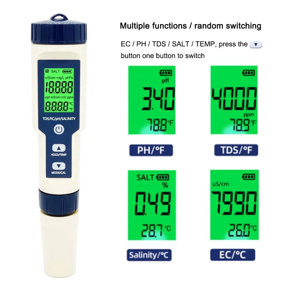 
High Quality 5 in 1 TDS/EC/PH/Salinity/Temperature Meter Digital Water Quality Monitor Tester 
