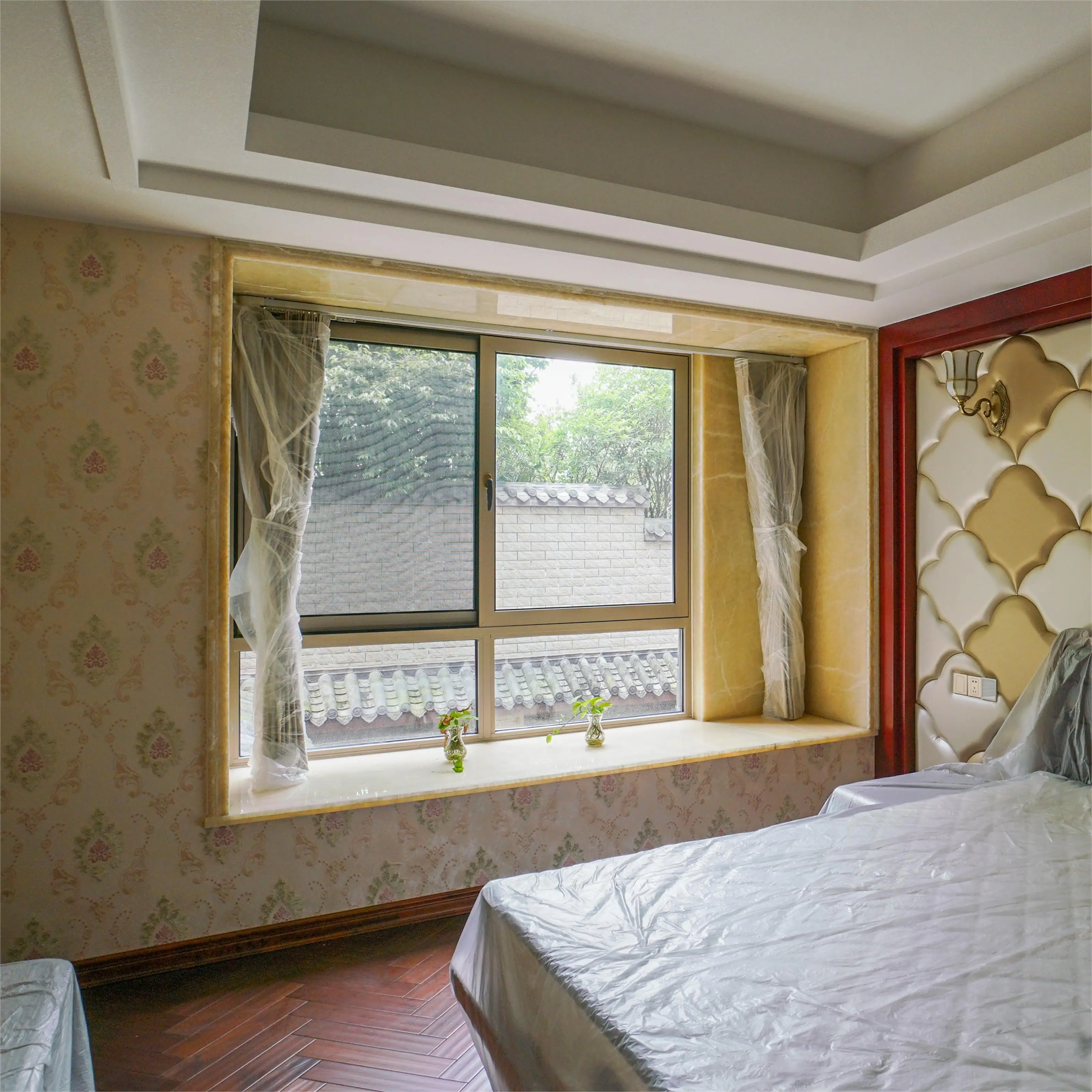 3 tracks sliding window Grill Design Custom thermal break Double Glazed French Seamless Welding Aluminum Sliding Kitchen Window