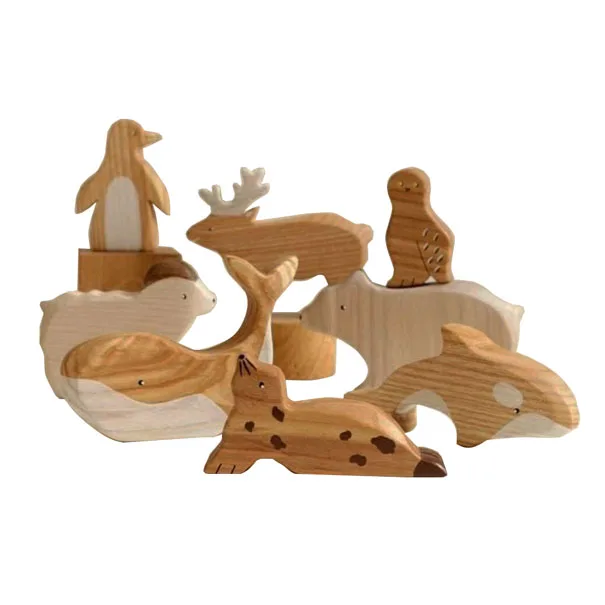 Wooden Carved Arctic Animals Play Set Toys Orca Seal Penguin Deer Whale Bear Snow Ram  Craft  Animal Decoration Toys