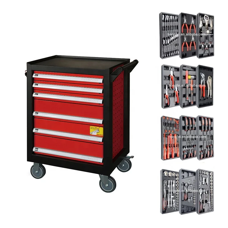 6 Drawer workshop garage metal tool trolley with hand tools set