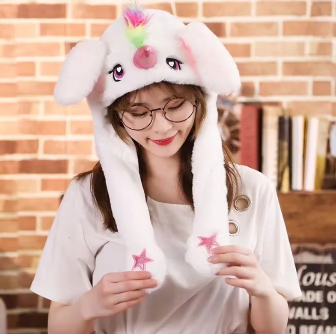 Christmas gift wholesale Funny Umbrella Bunny hat LED Glowing Plush Moving Plush Jumping cartoon Animal ear Hat Cap for Kids