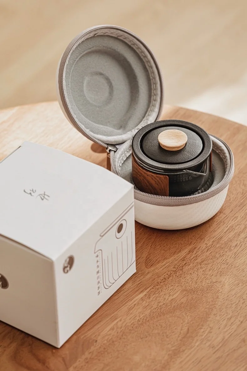 OEM handle white round zipper Carbon fiber eva Travel tea set portable box Bag for Remy Martin cognac brand promotion