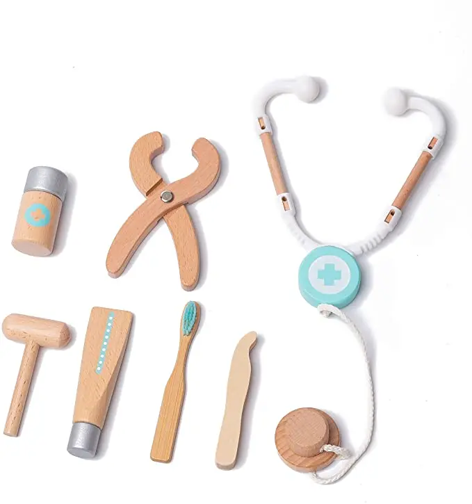 Wooden Kids Doctor toy set Play set for Toddlers kids Pretend play Dentist Toolbox Medical Kit