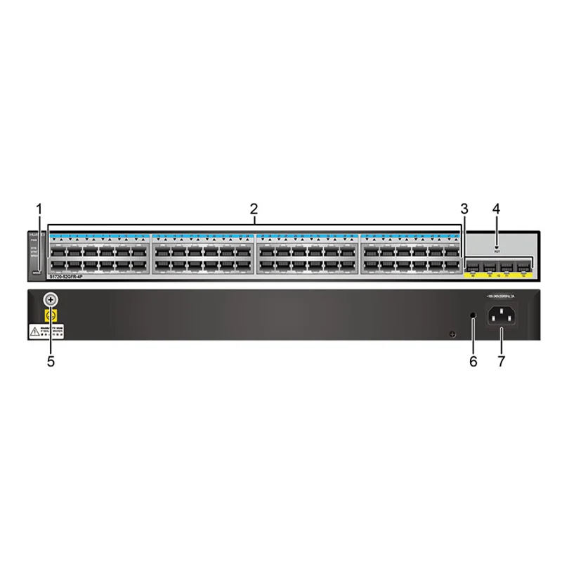 HW S1720-52GFR-4P-AC switch supports 48 10/100/1000BASE-T ports, 4 GE SFP ports, fixed AC power