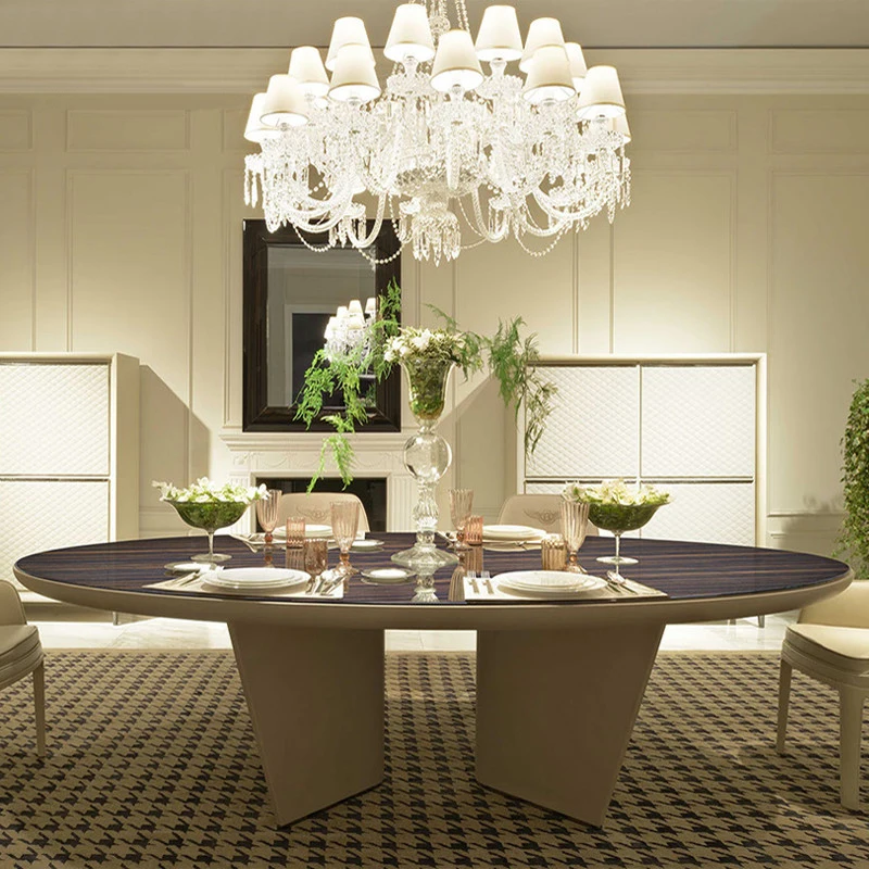 OEM Custom Burl Wood Top Oval Dining Table Set With Chair Home Furniture Luxury Design