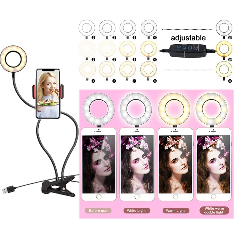 2020 cheap mini universal usb control mobile ring light small clip on cell phone holder stand led selfie ring light