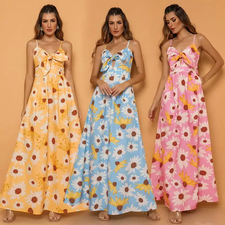 Оптовая продажа; Женские летние элегантные Femme Longue Flottant Fleur Dos Nu Robe De платье с цветочным принтом длинное пляжное для женщин