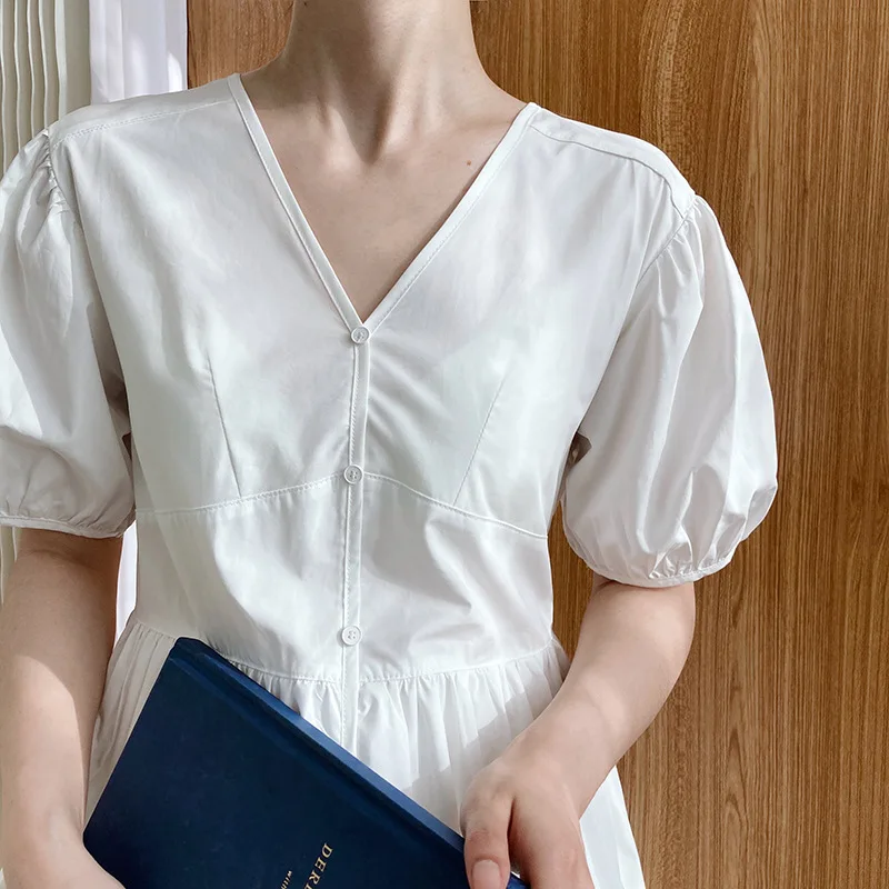 
2021 autumn designer women casual solid puff sleeve V neck lace up Chiffon vestidos maxi dresses 