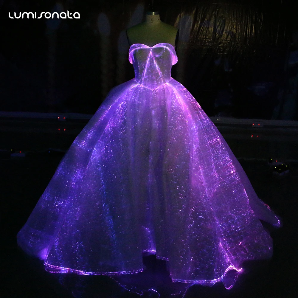 Luxury Women Evening Party Wear Lace Night Lighting Glow in the Dark Light up Luminous Glowing LED Fiber Optic Wedding Dress