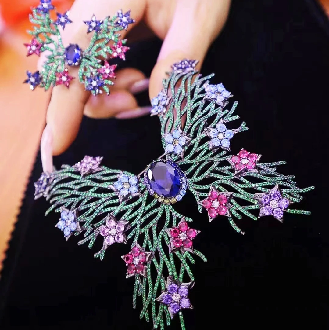 Beautiful 925 Sterling Silver Zircon Jewelry Rings Black Gold Plated Flower Butterfly Open Ring Brooch