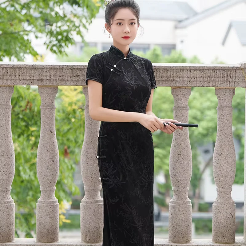 Модный рекламный бархатный Cheongsam qipao осень ретро Улучшенный длинный рукав женский Qipao