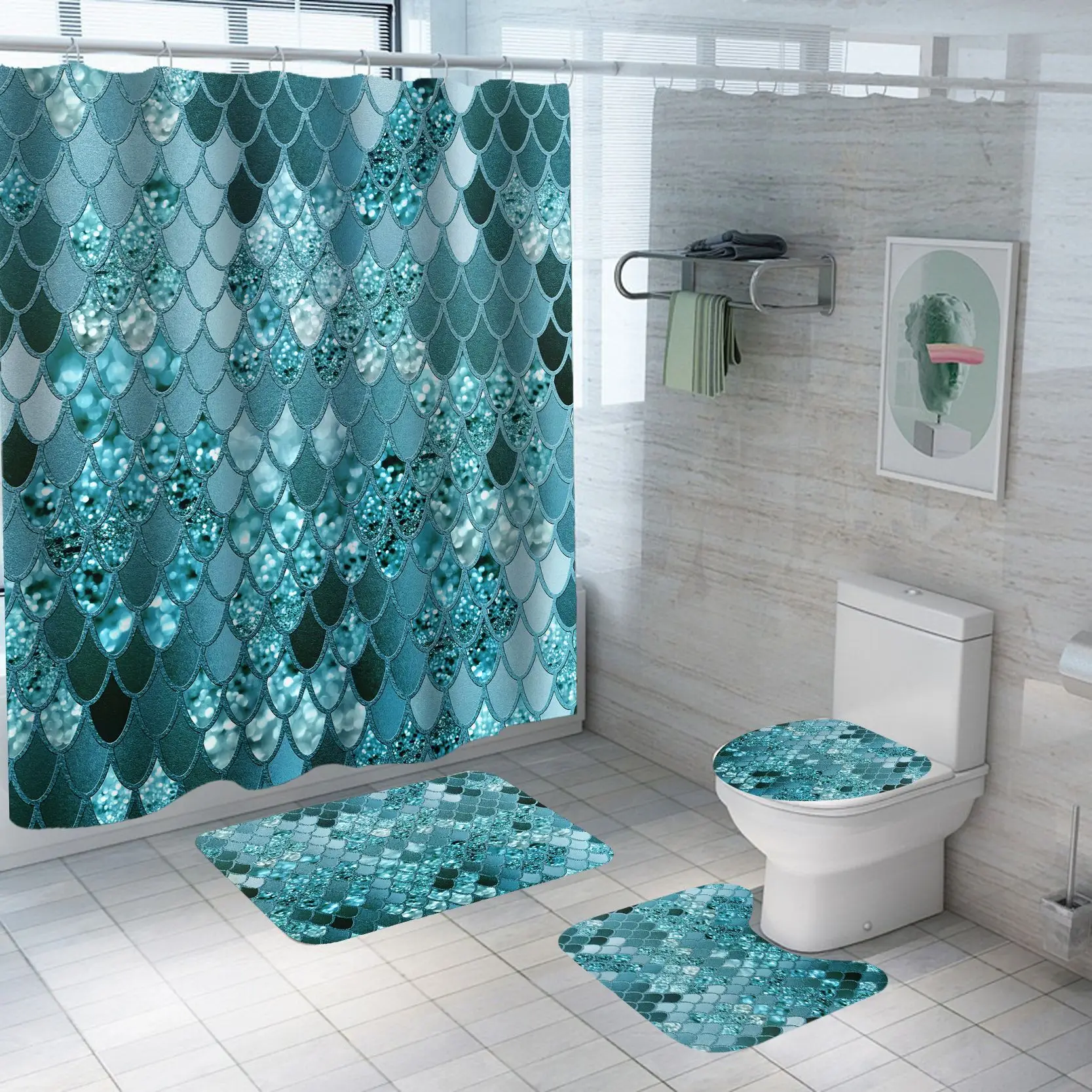 Factory Price Eco-Friendly Polyester Diamond Print Waterproof Shower Curtain Set with Non-Slip Bathroom Rugs Mats for Bathrooms