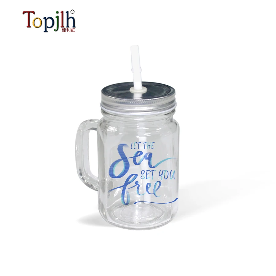 Factory wholesale 430ml smooth surface clear Glass Mason Jars transparent coated crystal mason glasses with hand grip straw lids