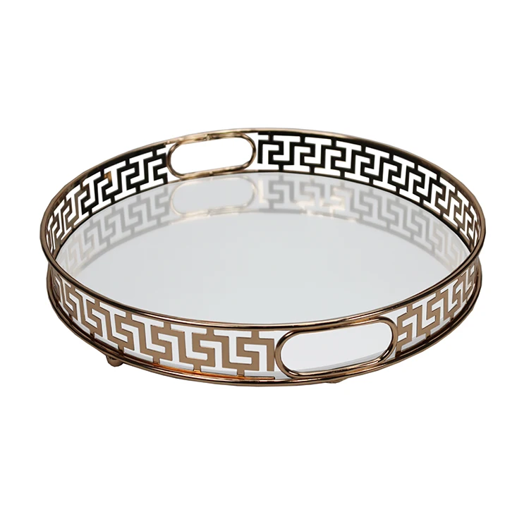 
vanity round home decorative golden plated jewelry perfume vanity mirror tray 