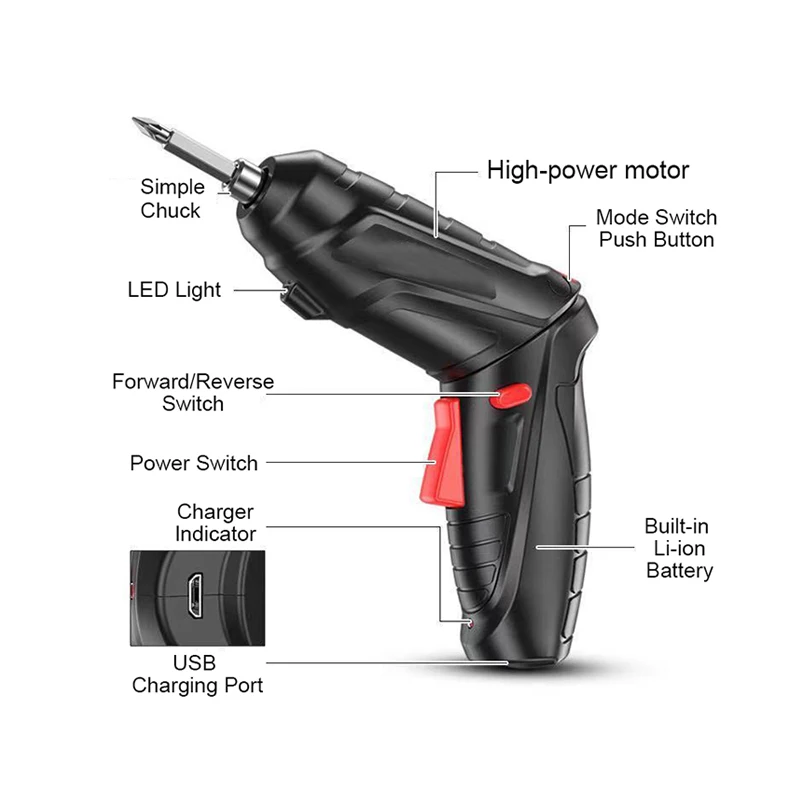 HENGLAI 47 в 1 черная многофункциональная дрель с USB-зарядкой электрическая мини-аккумуляторная отвертка набор