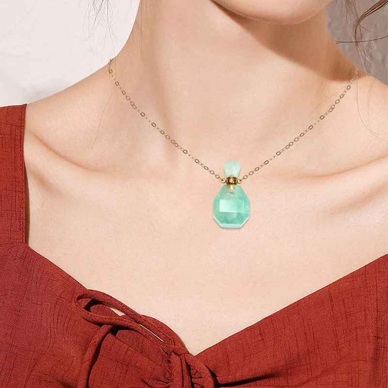 Wollet Octagonal Natural Original Stone Pendant Jade Amethyst Powder Crystal Perfume Bottle Necklace