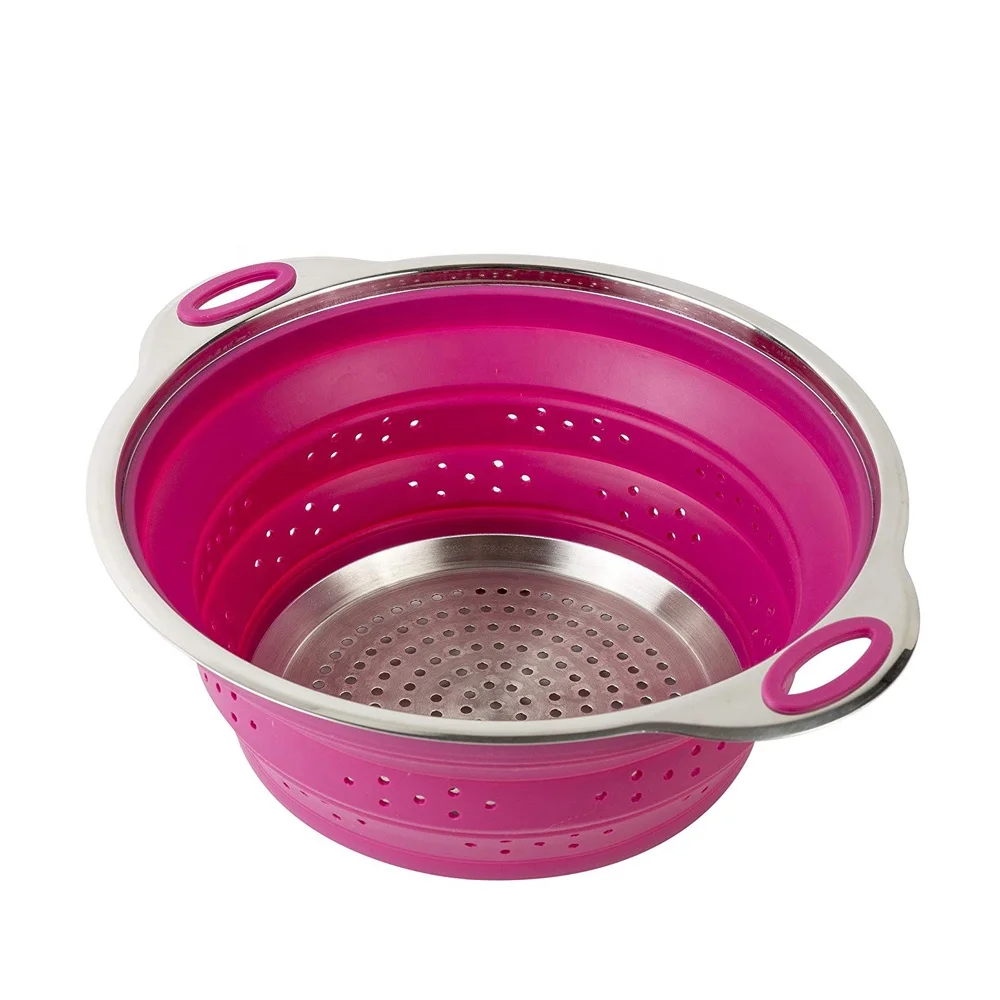 NEW DESIGN foldable silicone stainless steel collapsible colander vegetable kitchen strainer