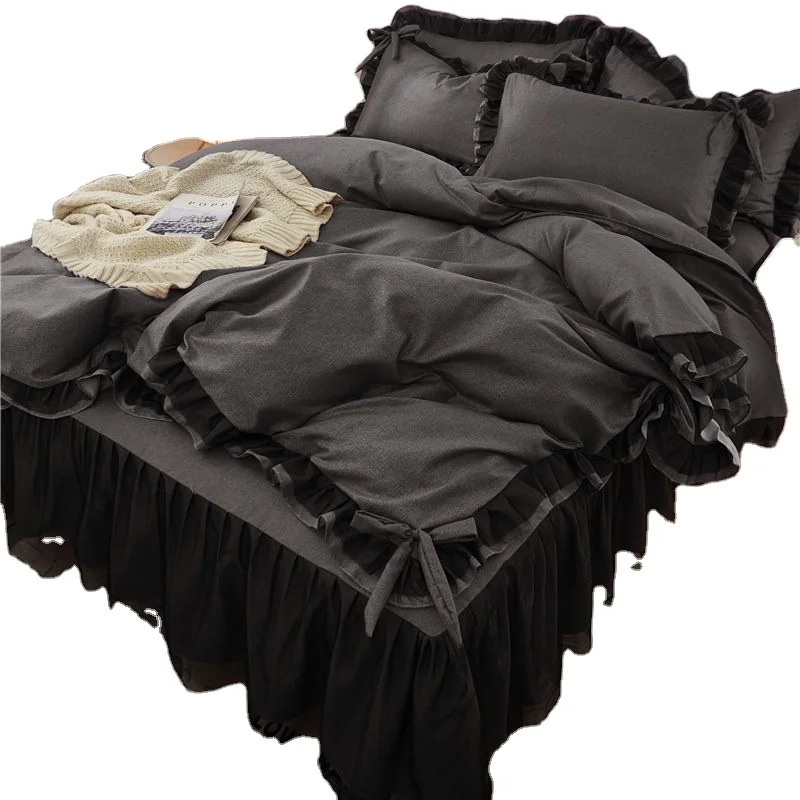 Black Lace Bedding Set Bedspread Princess Duvet Cover Set Pillowcase Girls Lace Bed Skirt Luxury Bedclothes Twin Full Queen King