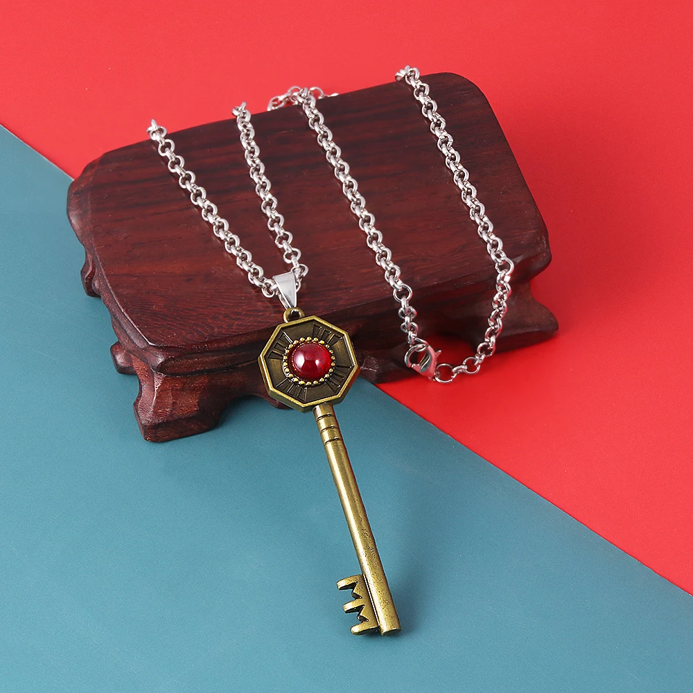 Bizarre Adventure Anime Cosplay Pendant Necklace Key Shape Inlay Ruby Bronze Color Jewelry Link Chain for Women Man Gifts