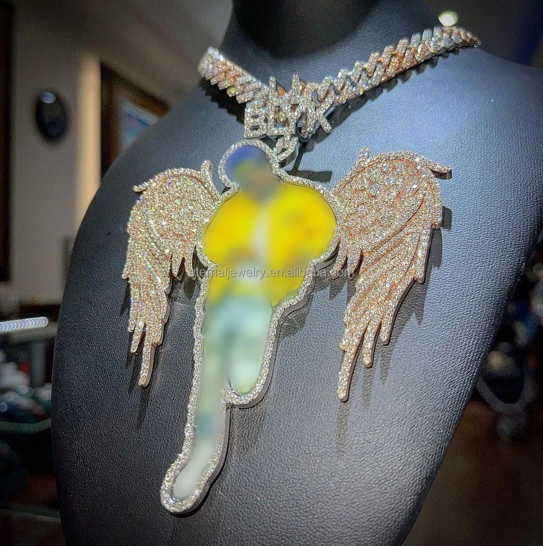 100% Passed Diamond Tester Custom Angel Wings Photo S925 Silver 10k 14k 18k Solid Gold Iced out VVS Moissanite Memory Pendant