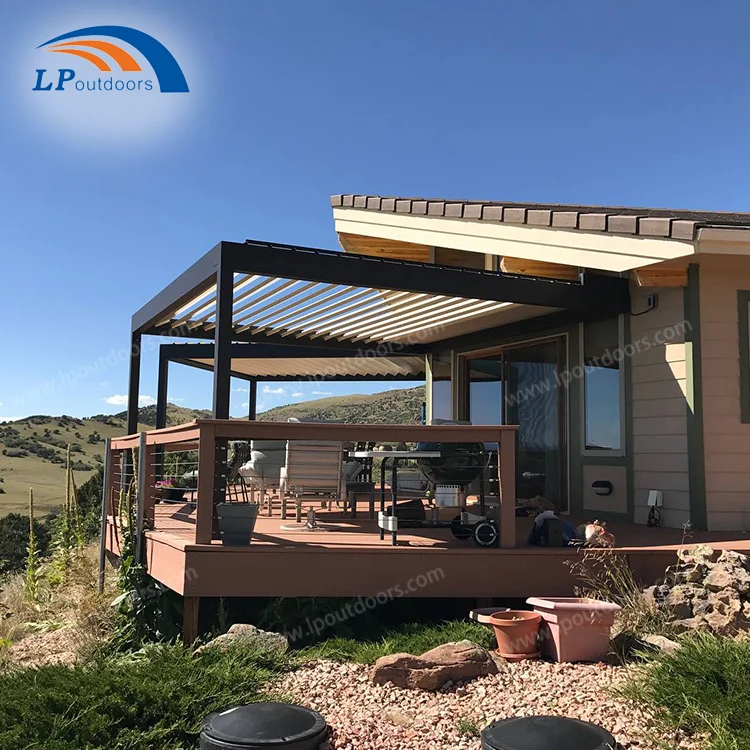 aluminum windproof terrace pergola automatic garden shade pergola louvered roof for coffee shops