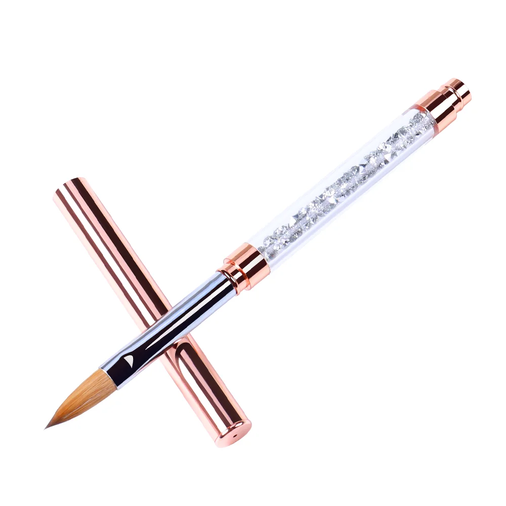 Wholesale #2-#14 Custom Logo Rose Gold Copper Parts Sliver Rhinestone handle 100% Pure Kolinsky Hair 3D Acrylic Nail Art Brush