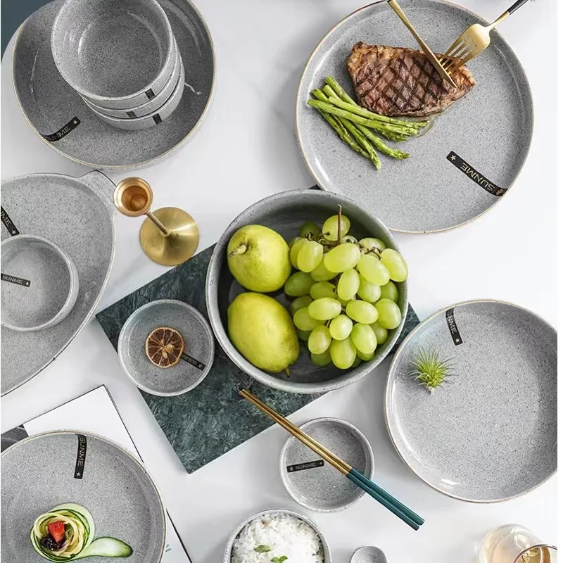 Hotel restaurant customized logo grey ceramic stoneware dinner set luxury plates sets dinnerware