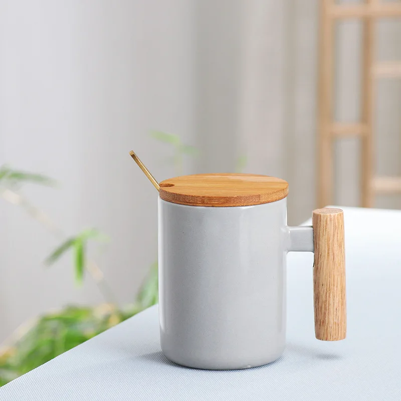 gift box packaging bamboo lid wooden handle ceramic coffee mugs porcelain mug with lid and spoon