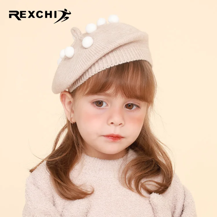 REXCHI DRMZ26 Small Pompom Wool Winter England Retro Wool Boina Cap Berets Girl Custom Embroidery Beanie Kids Fur Berets