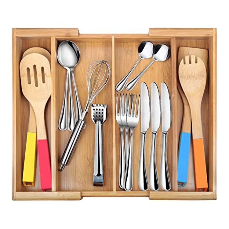 Регулируемый Поднос для столовых приборов, бамбуковый деревянный Органайзер с 4 отделениями для столовых приборов, ножей, вилок, ложек
