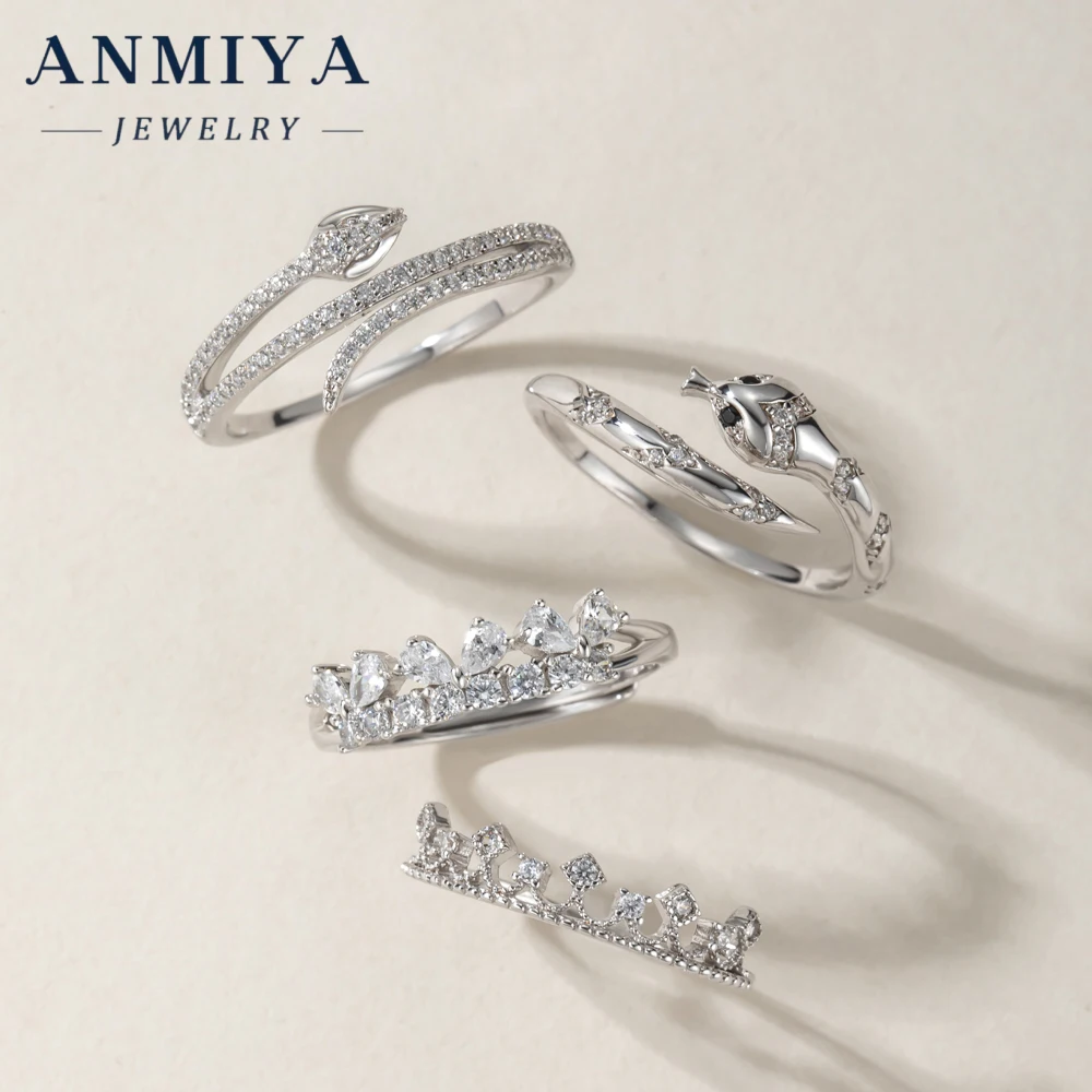 ANMIYA Custom Fashion Diamond Crown Ring 925 Sterling Silver Advanced Snake Shape Cubic Zirconia Fine Jewelry Ring For Women
